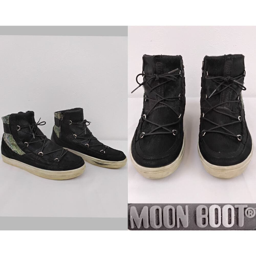 Moon Boot High Top Sneakers Women's 9.5 Black Fur & Snake Print #Z5303